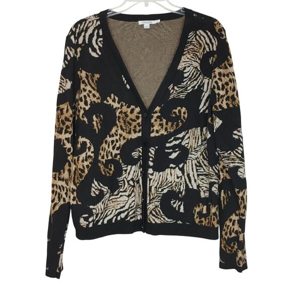 Chico's Cardigan Sweater Jacquard Animal Print Brown Black Womens Size 3 - Picture 2 of 5